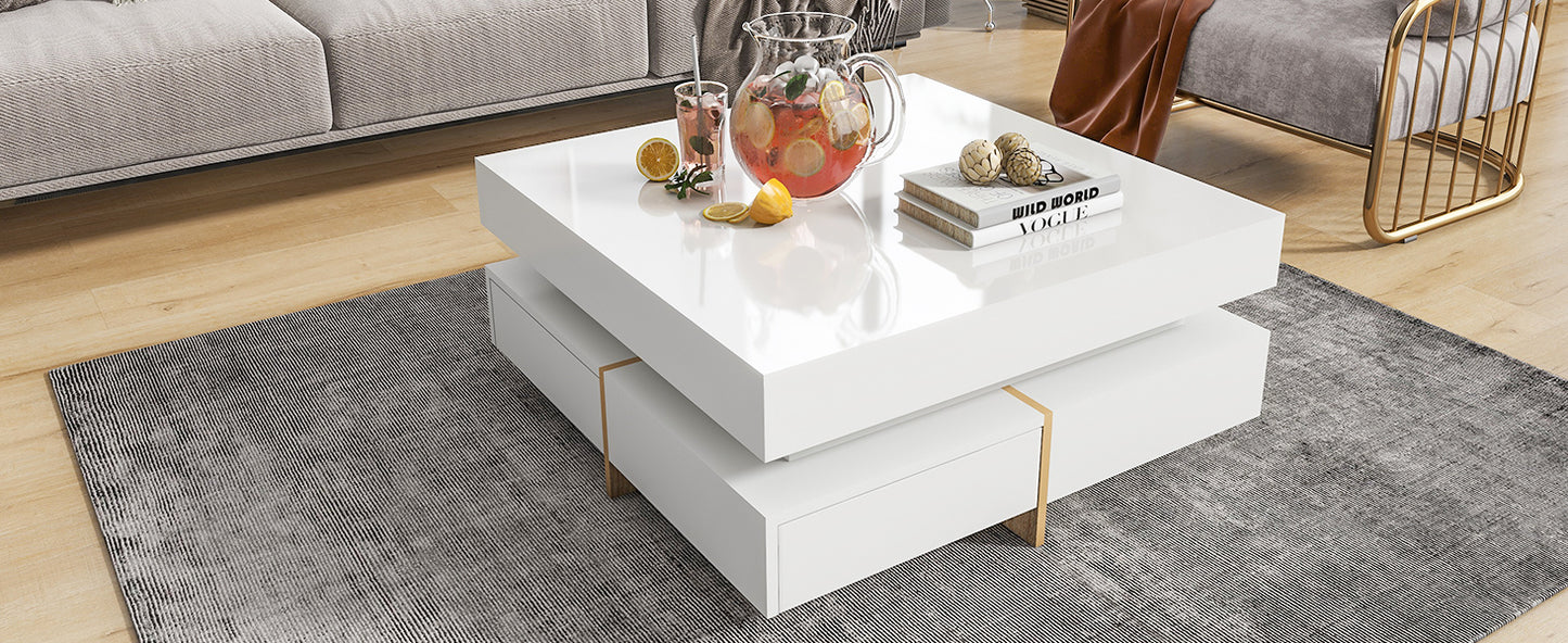 ON-TREND Modern High Gloss Coffee Table with 4 Drawers, Multi-Storage Square Cocktail Tea Table with Wood Grain Legs, Center Table for Living Room, 31.5''x31.5'', White