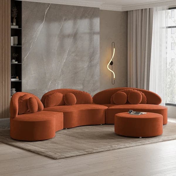 Modern 7-Seat Sofa Curved Sectional Modular Orange Velvet Upholstered with Ottoman