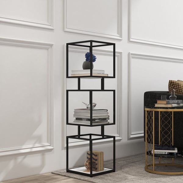 3-Tier Modern Black Cube Bookcase with Metal Tower Display Shelf