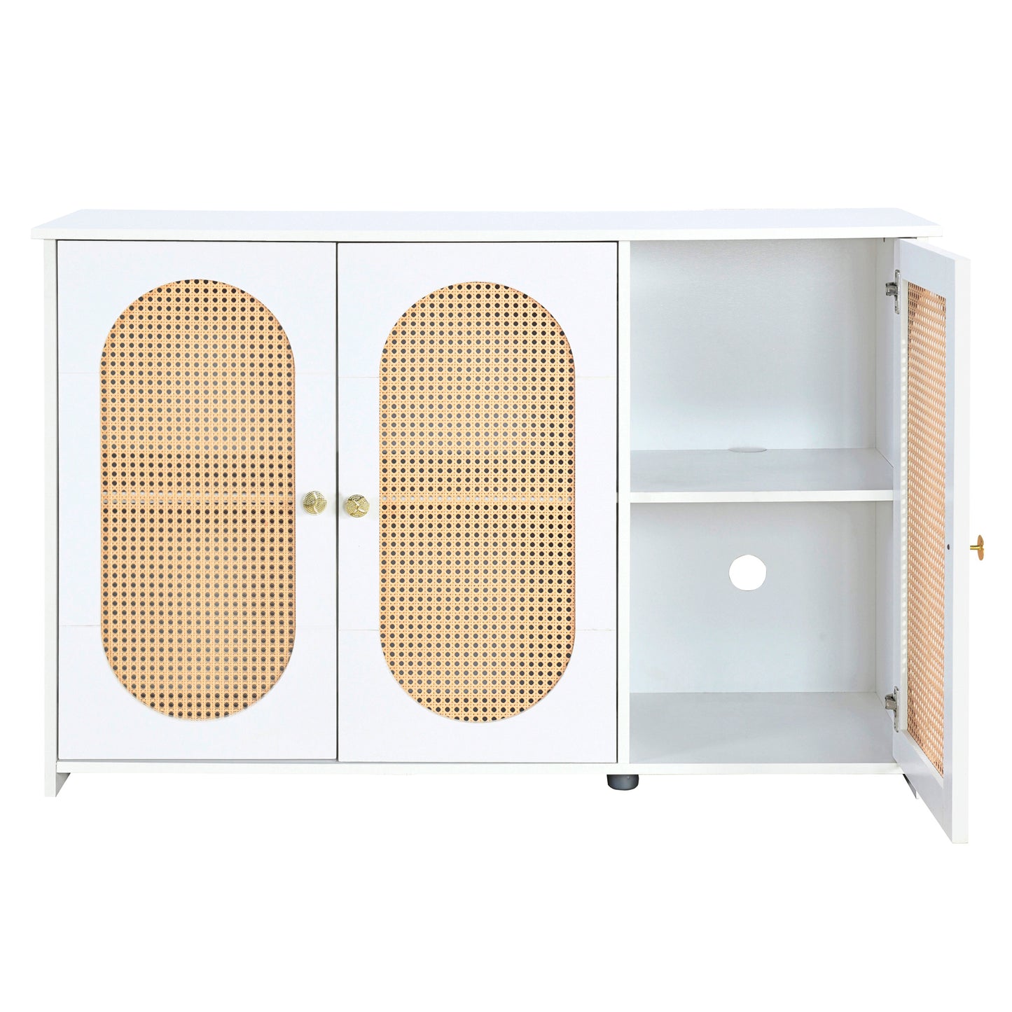 TREXM Retro 3-Door Sideboard with Large Storage Space Artificial Rattan Doors and Metal Handles, Accent Cabinet for Living Room and Hallway (White)