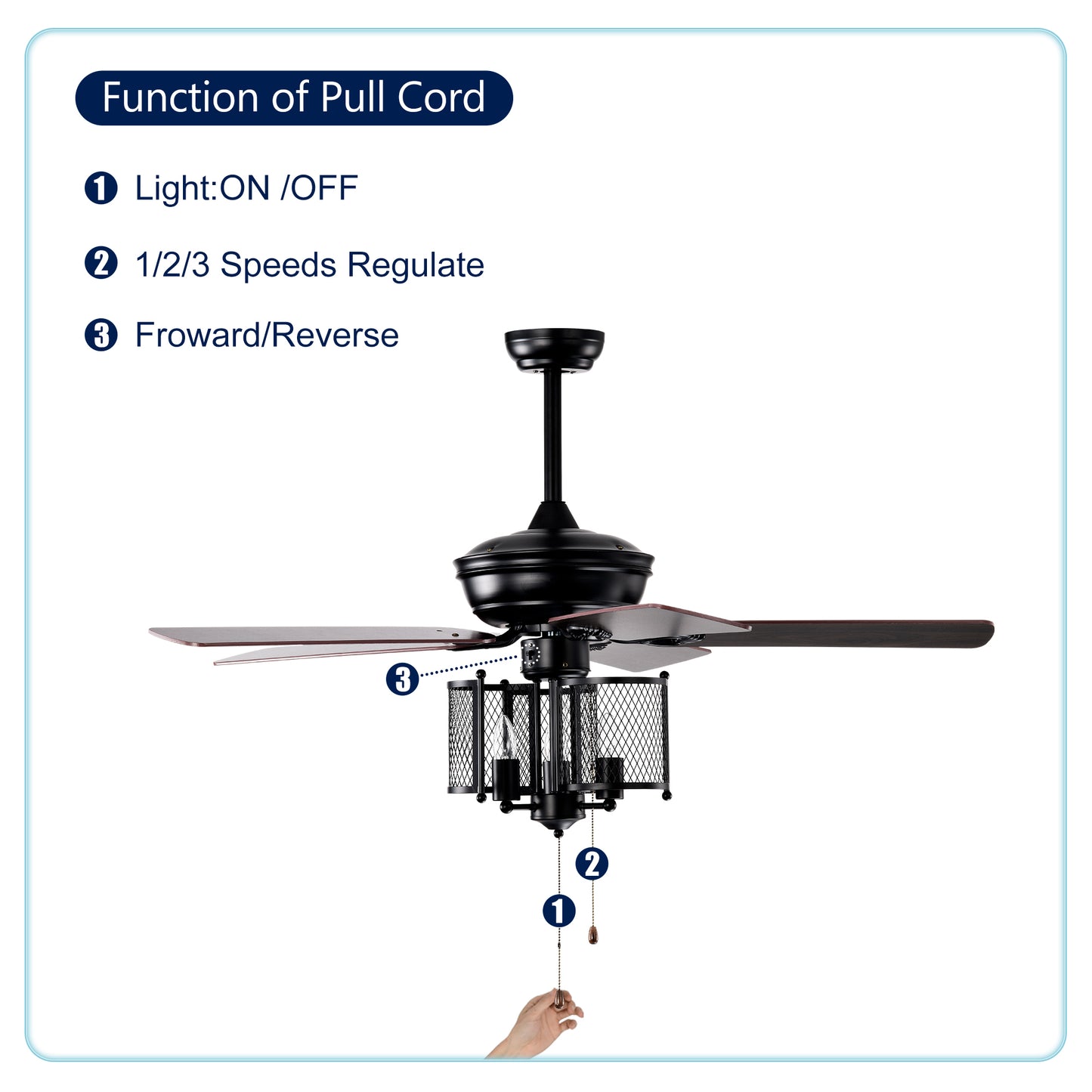 Farmhouse Ceiling Fan 52" with Dual Finish Blades - Matte Black, Hand Pull Chain for Indoor Use