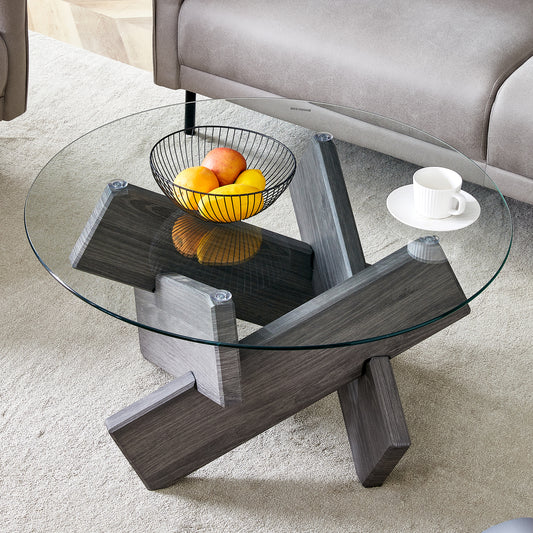 Contemporary Round Coffee Table with Tempered Glass Top - 33.4" Design, Suitable for Living and Dining Areas