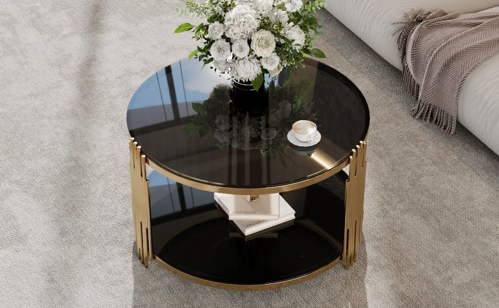 Modern Black Mirror Coffee Table, Asymmetrical Metal, Circular Metal Drum Base, Gold Finish & Lower Shelf