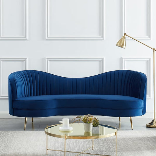Luxury 72" Vertical Channel Tufted Curved Performance Velvet Sofa in Blue