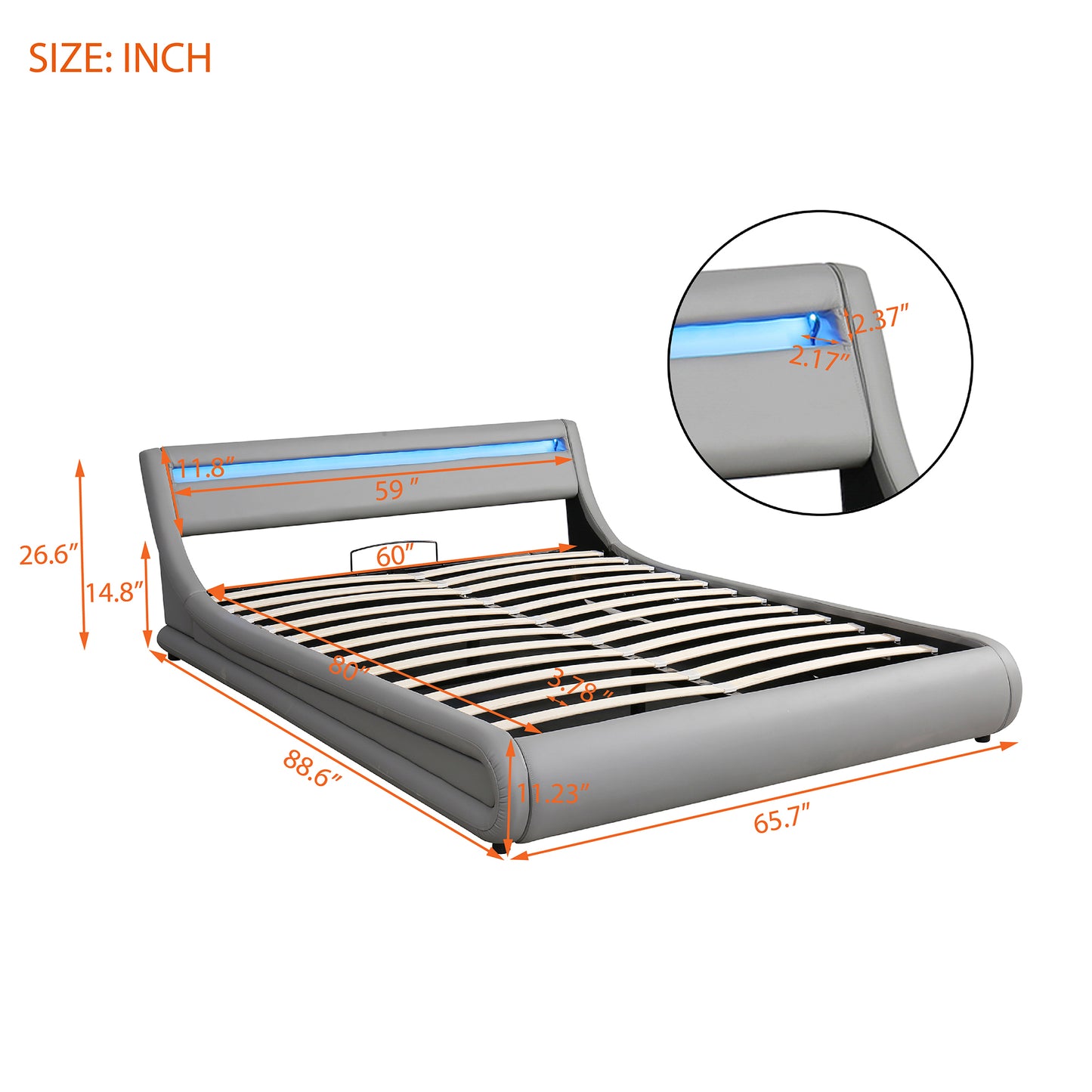 Lit plateforme rembourré en similicuir avec système de rangement hydraulique et tête de lit à lumière LED, cadre de lit à lattes Queen Size