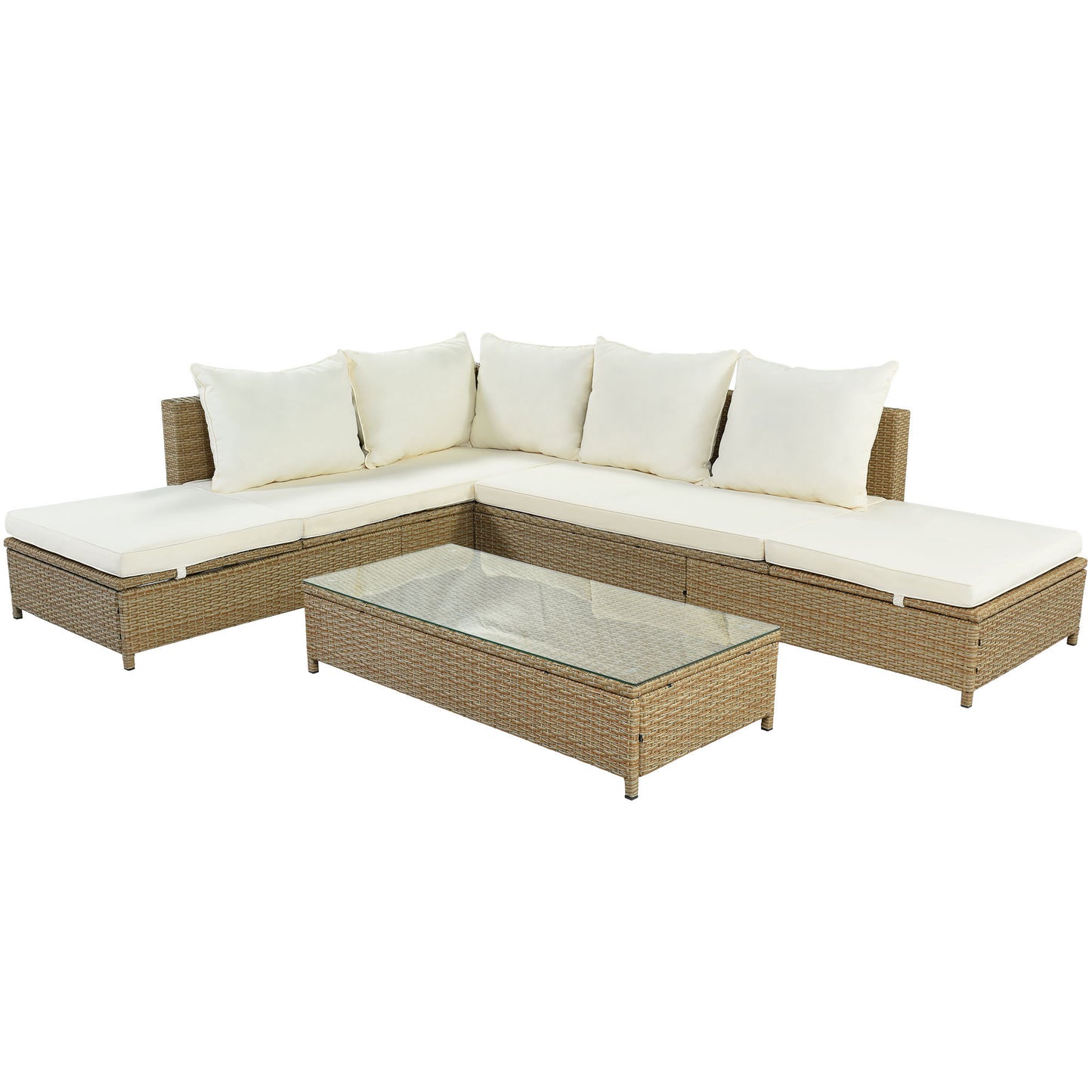 TOPMAX Ensemble de canapé 3 pièces en rotin pour patio, ensemble sectionnel en osier PE résistant aux intempéries, avec cadre de chaise longue réglable et table en verre trempé, marron naturel + coussin beige