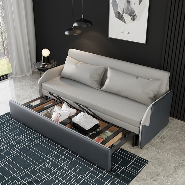 77 Inches Modern Gray Convertible Storage Full Sleeper Sofa Leath-Aire Upholstery