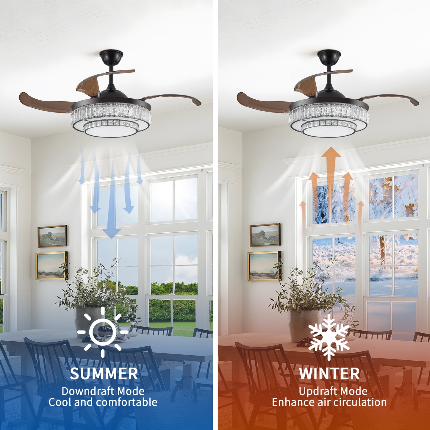 Stylish Retractable Ceiling Fan with LED Light - 4-Blade Design, Remote Control