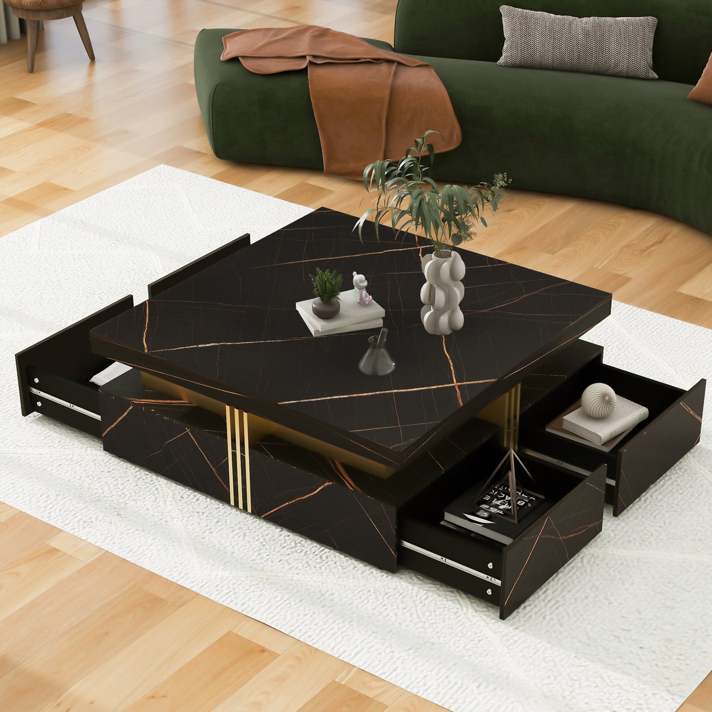 Modern Black Square Storage Coffee Table With 4 Drawers