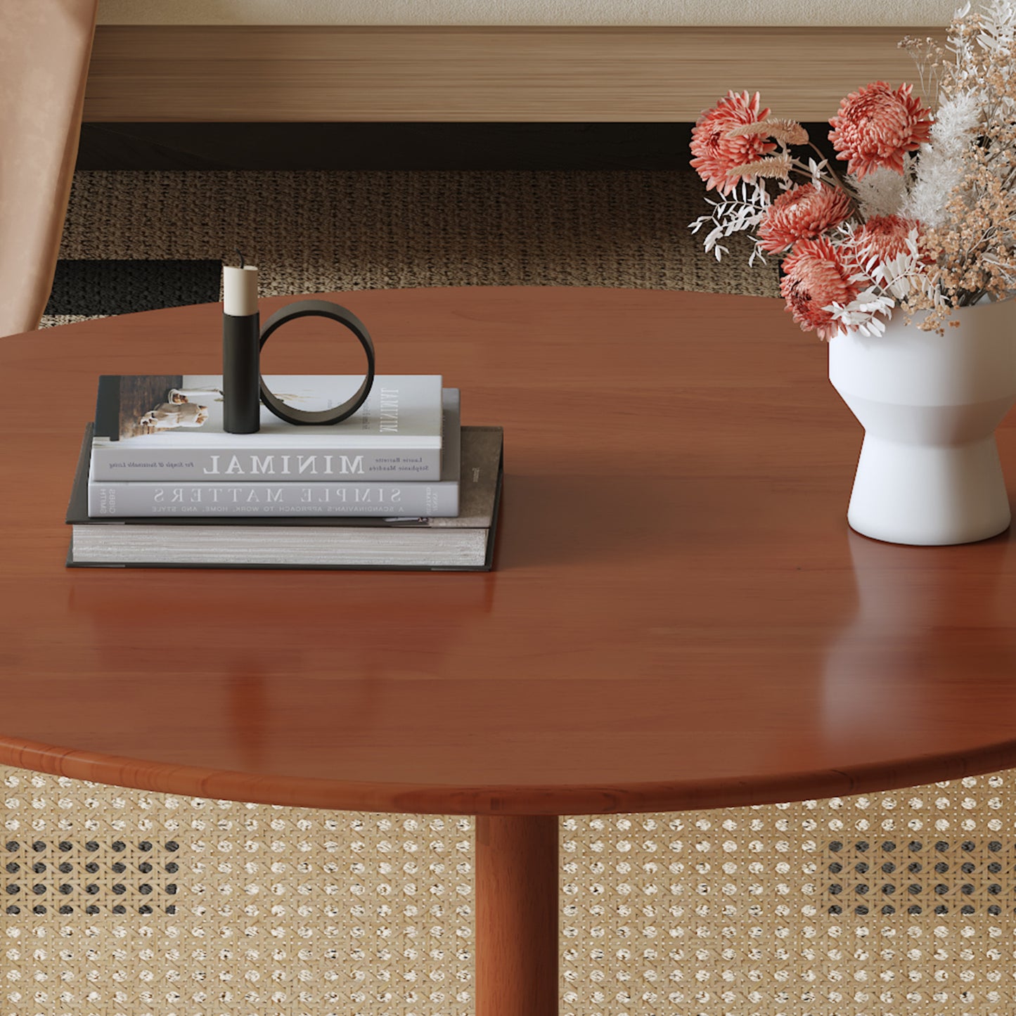 Elegant Deep Red Wooden Coffee Table with Artificial Rattan Decorations Ideal for Living Rooms and Relaxing Tea Time