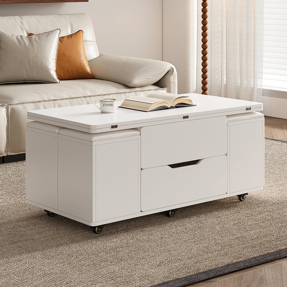 Modern White Lift Top Coffee Table 4 in 1 with Storage Ottoman Foldable and Casters