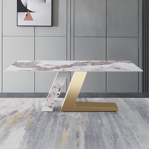 78.7 Inches Rectangle Modern Sintered Stone Top Dining Table for 6 Stainless Steel