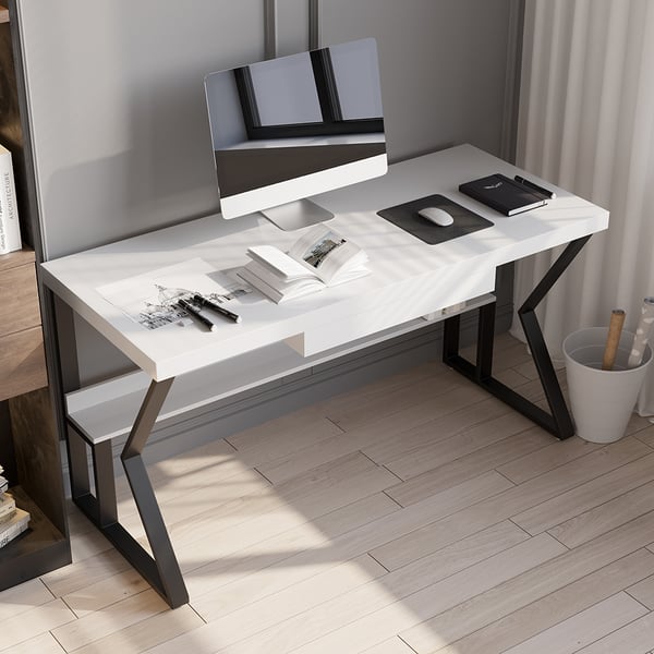 White Wooden Writing Desk Computer Desk with Shelf & Drawer Black Legs