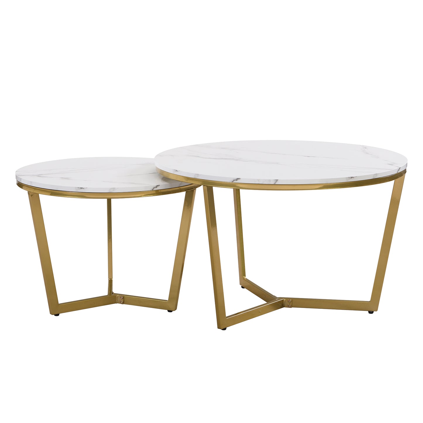 Modern Round Nesting Coffee Table Set 2-Piece White & Marbling Top Gold Base