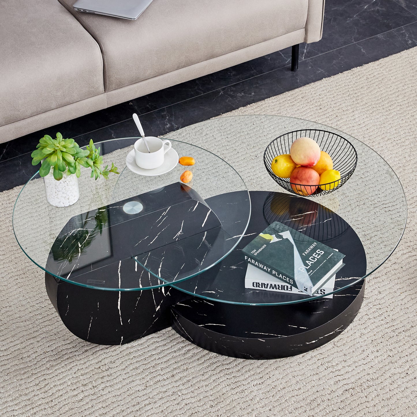 Contemporary Double-Deck Round Table - Functional Glass Top and MDF Legs, Suitable for Living Room