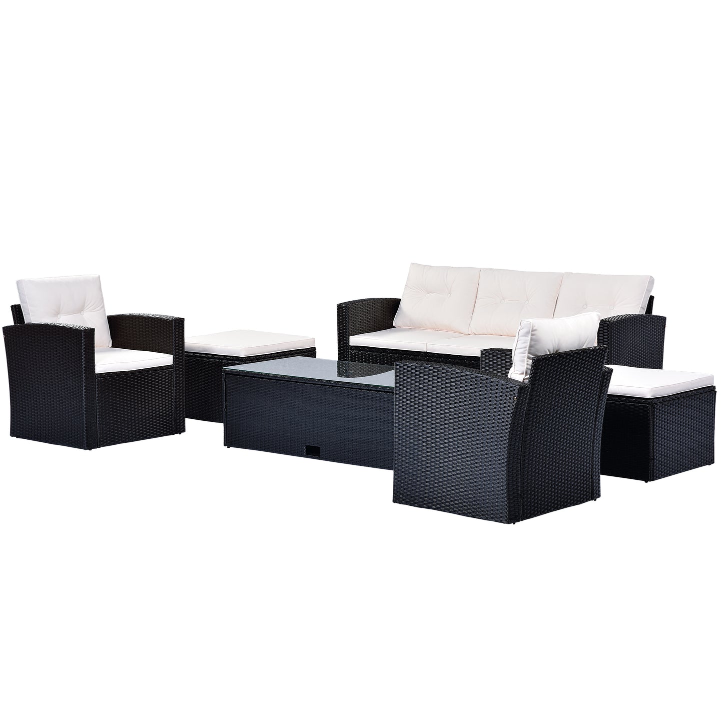 GO Ensemble sectionnel de conversation en osier PE 6 pièces résistant aux intempéries pour patio, salle à manger en plein air, avec table basse, canapés en osier, poufs et coussins amovibles (osier noir, coussin beige)