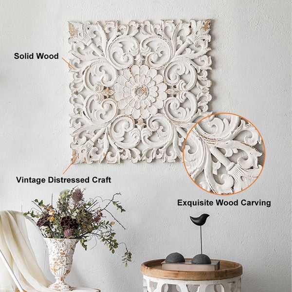 22" French Country Square Wood Wall Decor Distressed White Carved Flower for Living Room