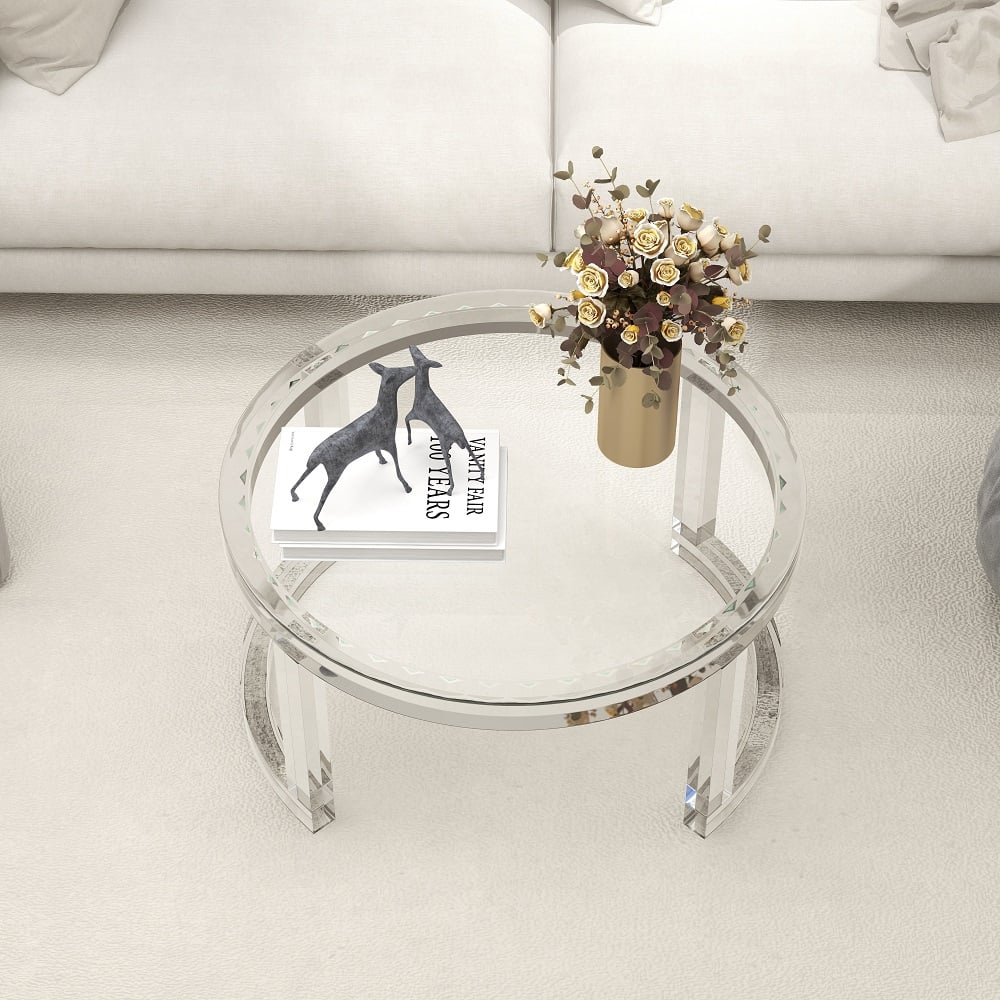 31.5" Modern Round Acrylic Coffee Table for Living Room with Tempered Glass Top