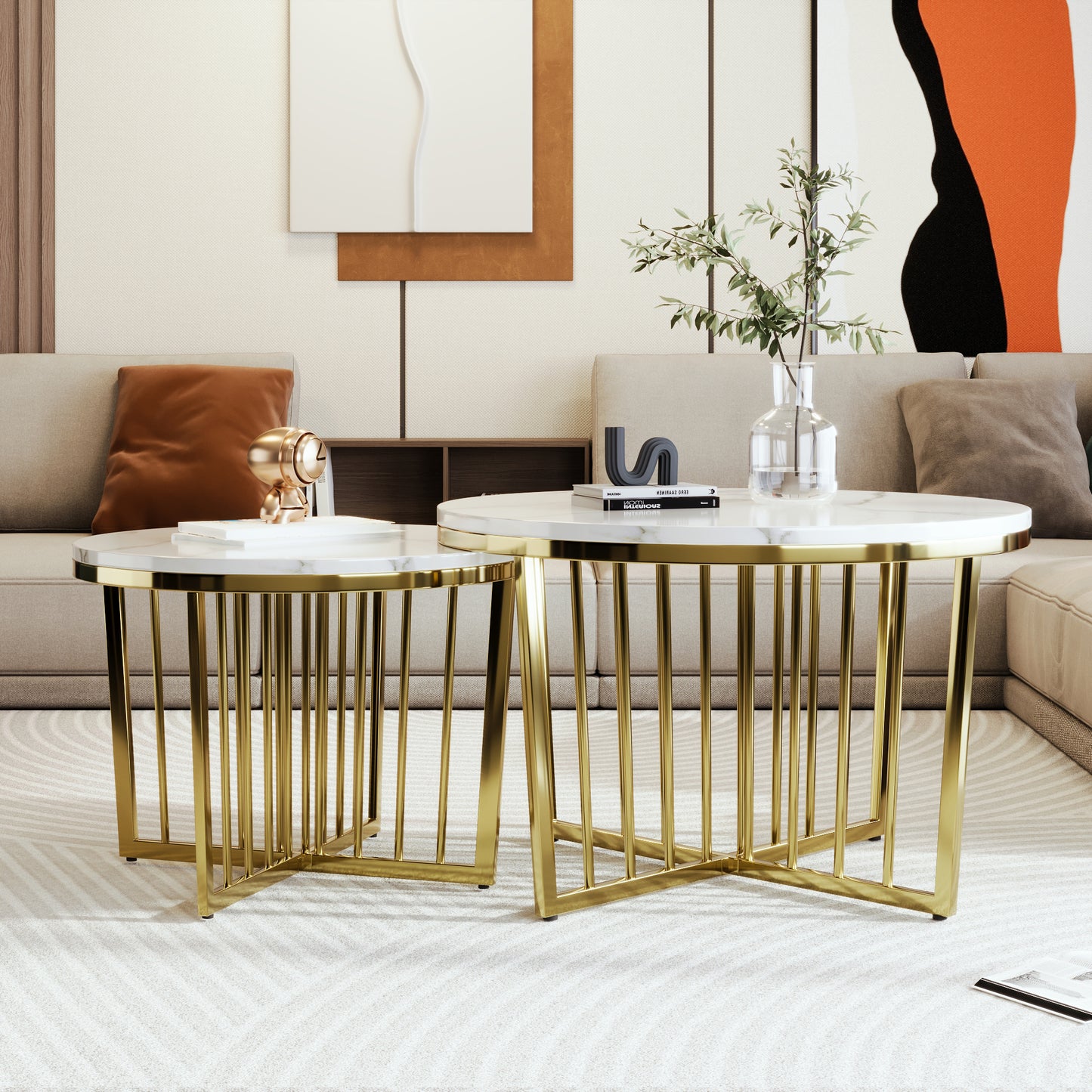 Modern Round Nesting Coffee Table Set 2-Piece White & Marbling Top Gold Base