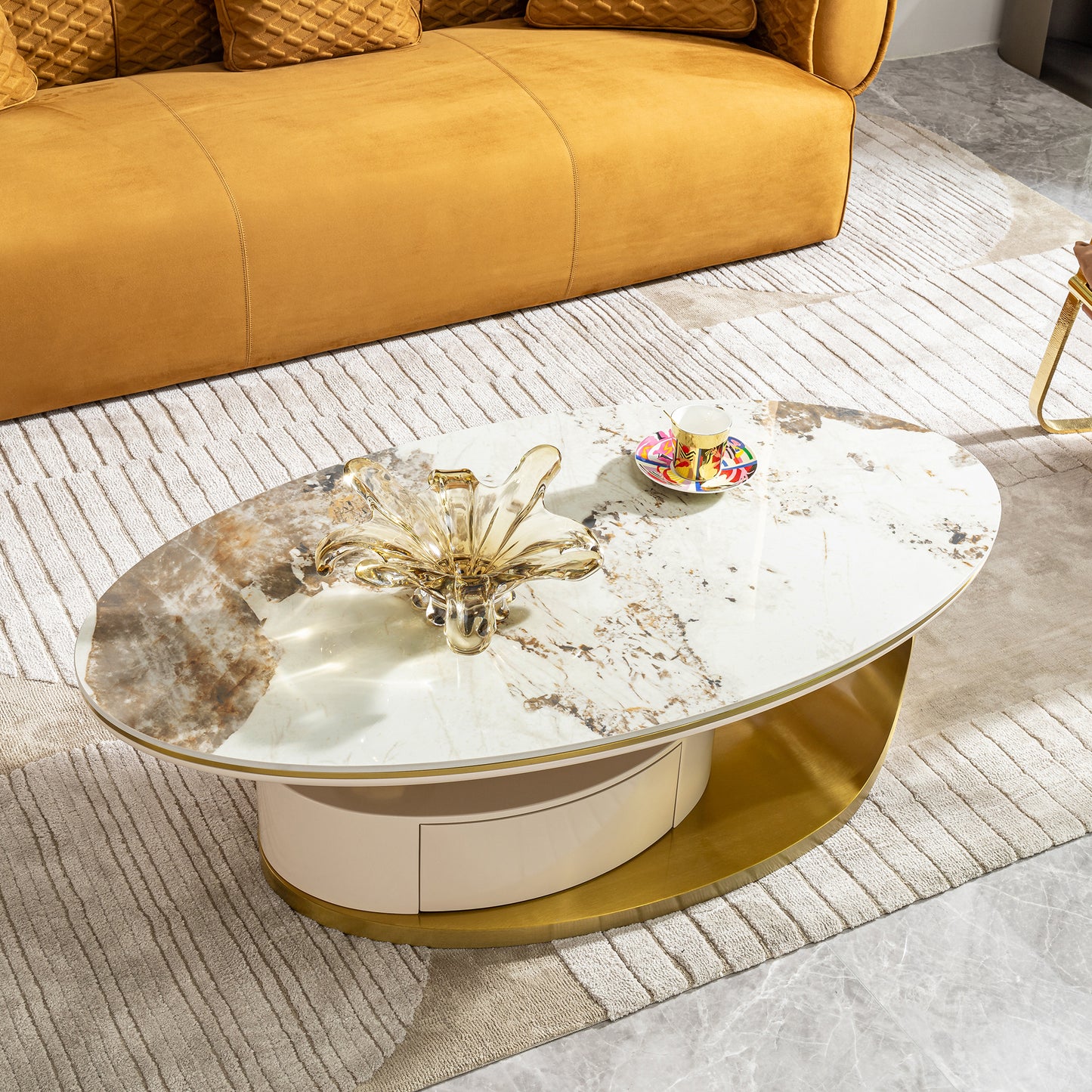 Modern 0.47" thickness sintered stone coffee table with 2 drawers,Matt gold stainless steel base