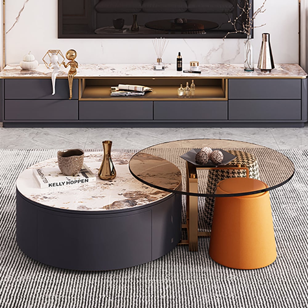 4-Piece Round Swivel Coffee Table Set with 2 Ottomans