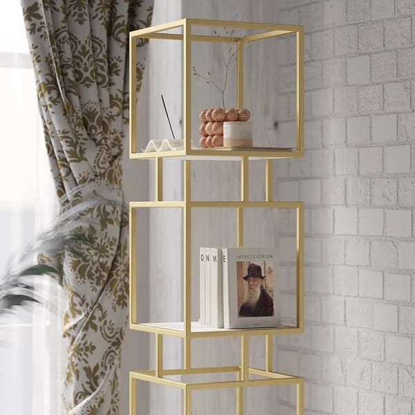 3-Tier Modern Black Cube Bookcase with Metal Tower Display Shelf in Gold Frame