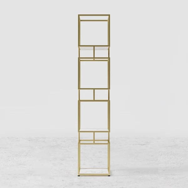 4-Tier Modern Simple Gold Cube Bookcase with Metal Tower Display Tall Wooden Bookshelf