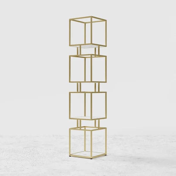 4-Tier Modern Simple Gold Cube Bookcase with Metal Tower Display Tall Wooden Bookshelf