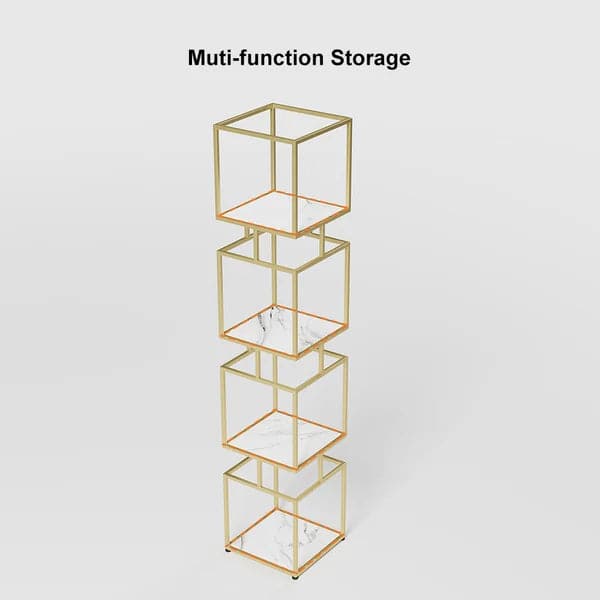 4-Tier Modern Simple Gold Cube Bookcase with Metal Tower Display Tall Wooden Bookshelf