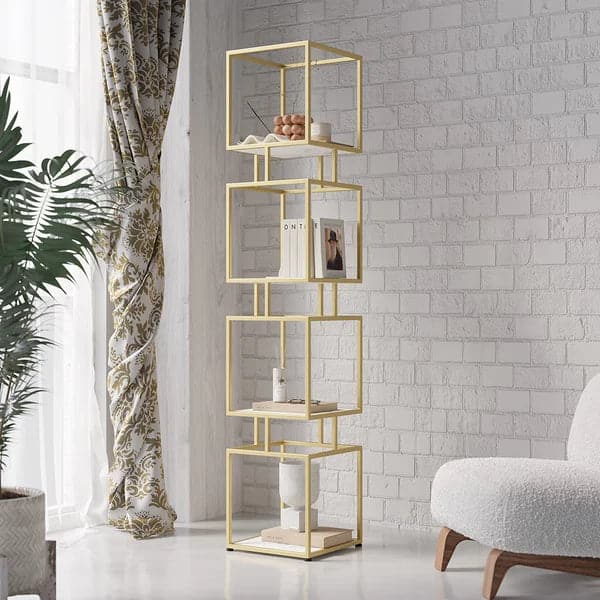 4-Tier Modern Simple Gold Cube Bookcase with Metal Tower Display Tall Wooden Bookshelf