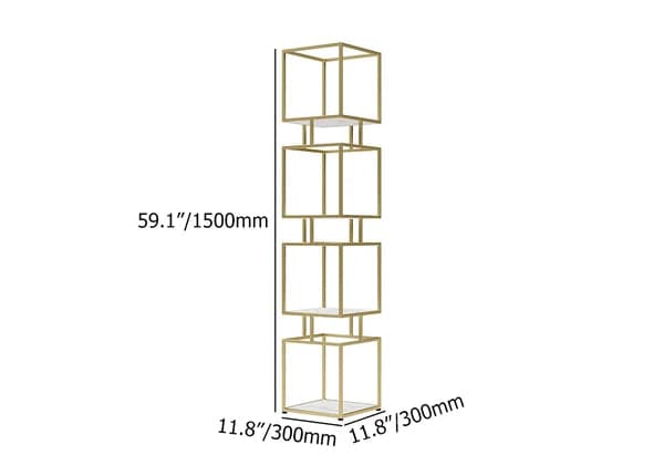 4-Tier Modern Simple Gold Cube Bookcase with Metal Tower Display Tall Wooden Bookshelf