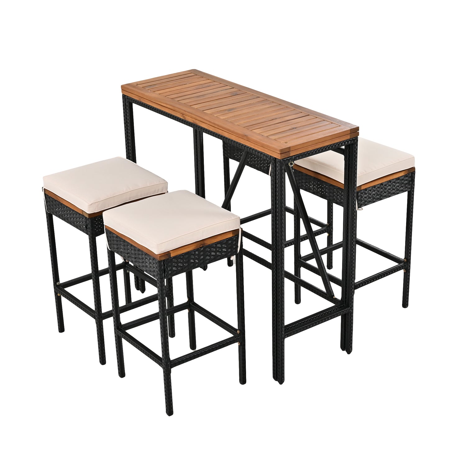 GO Table de bar d'extérieur en bois d'acacia 10 pièces et huit tabourets avec coussins, table de salle à manger de jardin en rotin PE, plateau pliable, ensemble bistro de salle à manger haute, meubles de patio toutes saisons, marron