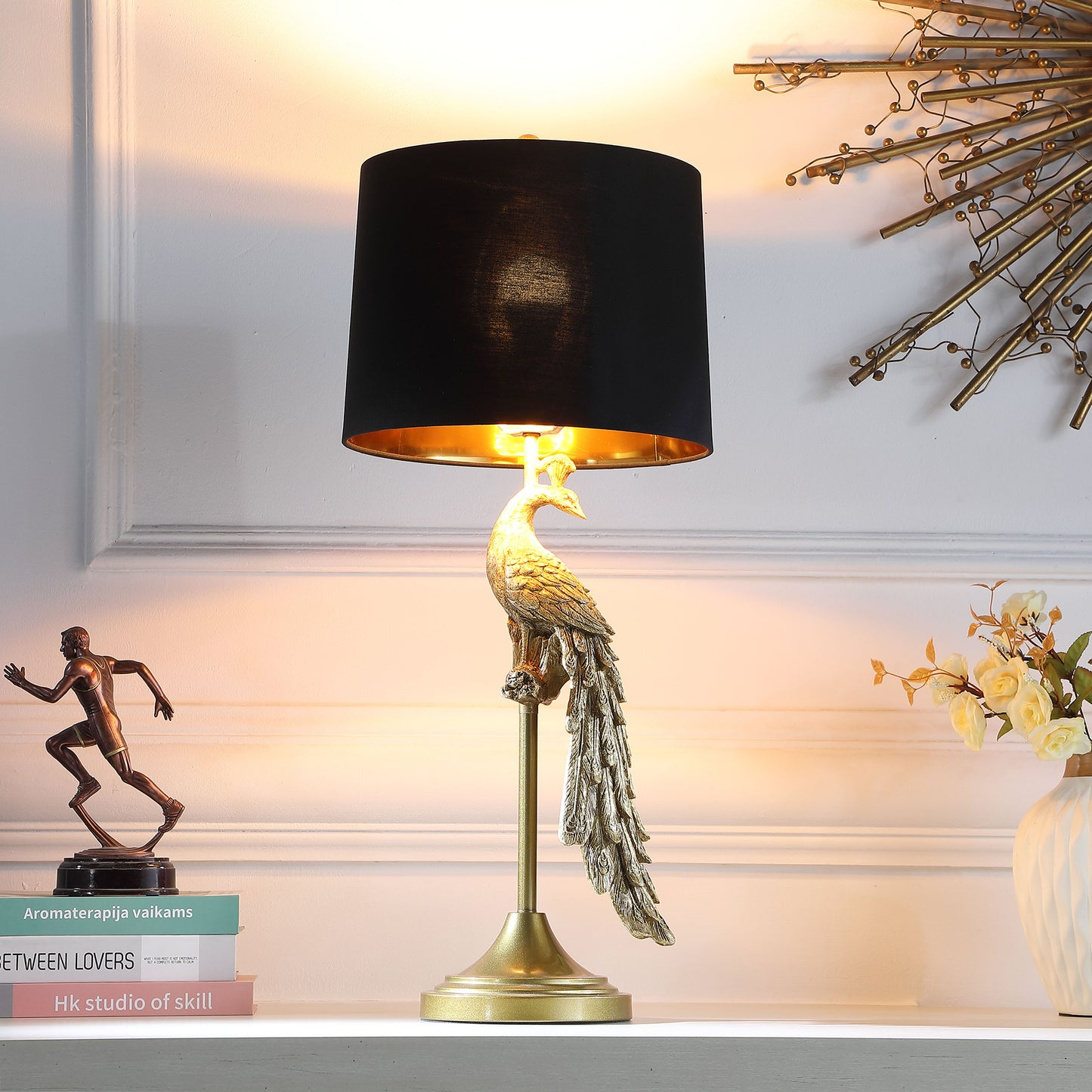 29" Modern Elegance Golden Peacock On Pedestal Polyresin Table Lamp