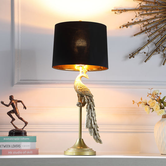 29" Modern Elegance Golden Peacock On Pedestal Polyresin Table Lamp