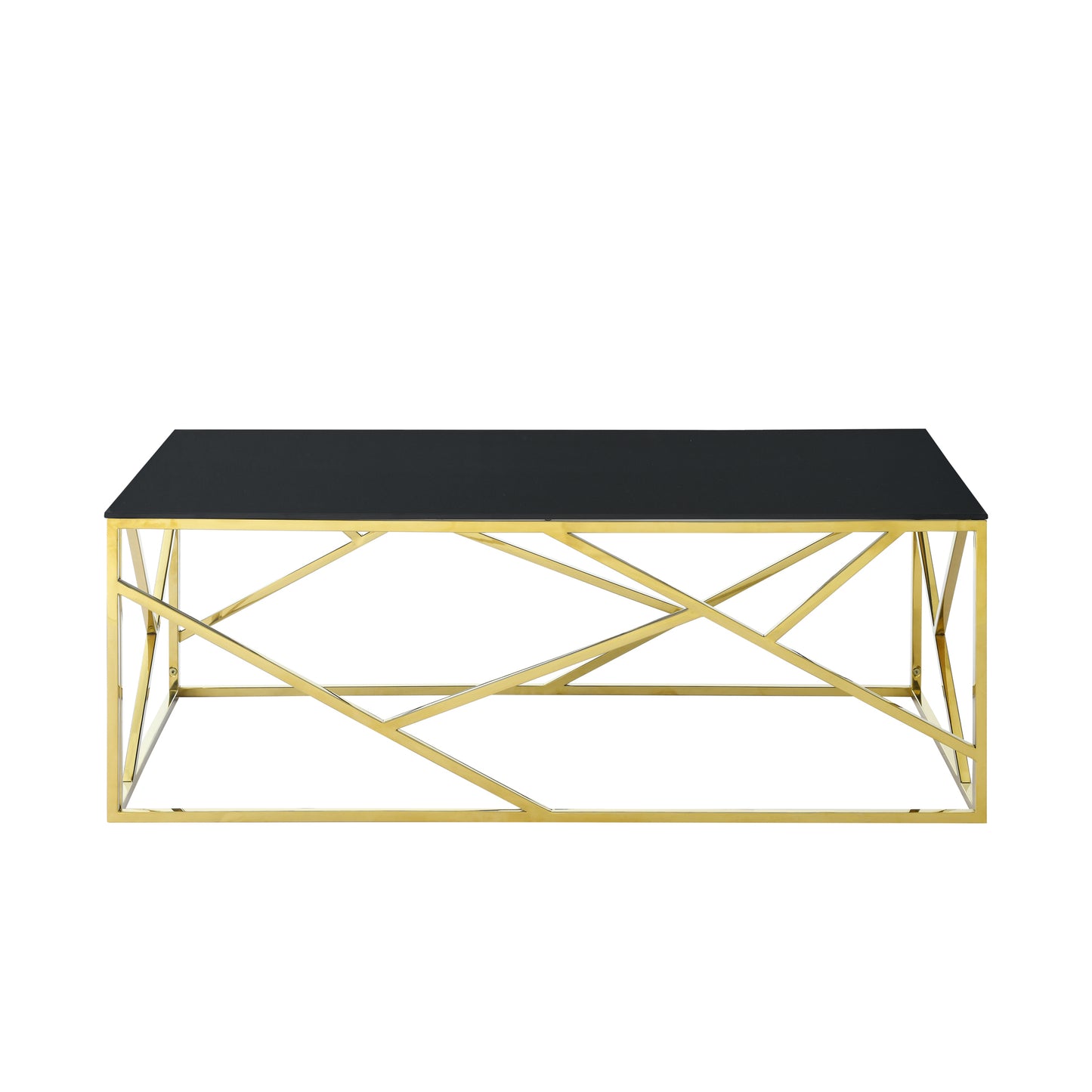 Modern Rectangular Coffee Accent Table - Black Tempered Glass Top with Gold Stainless Steel Frame for Living Room