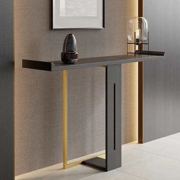 39" Narrow Console Table for Entryway Foyer Black Solid Wood & Gold Metal in Large