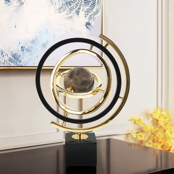 Modern Abstract Metal Black & Gold Globe Ornament Sculpture Decor with Rectangle Stand