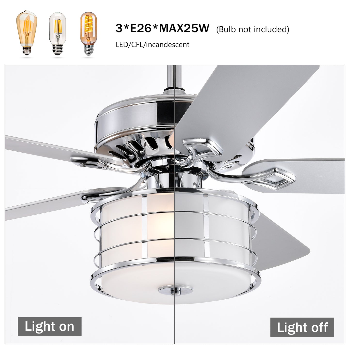 52" Chrome Drum Shade LED Ceiling Fan with 3 Lights & Remote - Rustic Farmhouse Meets Modern Glam