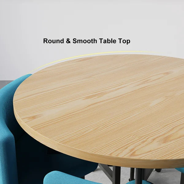 40 Inches Round Wooden 4 Person Dining Table with Blue Upholstered Chairs Set for Nook Balcony