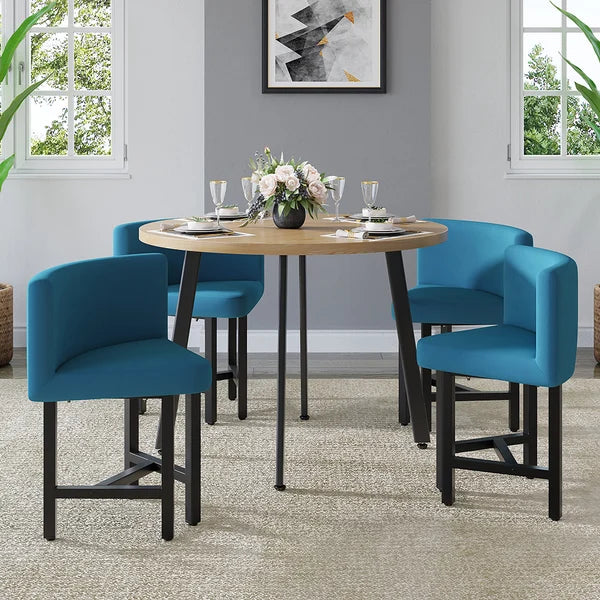 40 Inches Round Wooden 4 Person Dining Table with Blue Upholstered Chairs Set for Nook Balcony