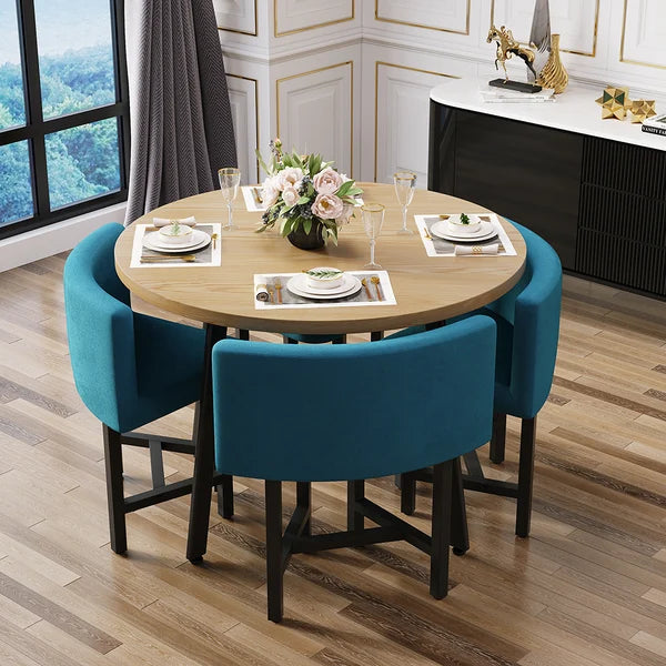 40 Inches Round Wooden 4 Person Dining Table with Blue Upholstered Chairs Set for Nook Balcony