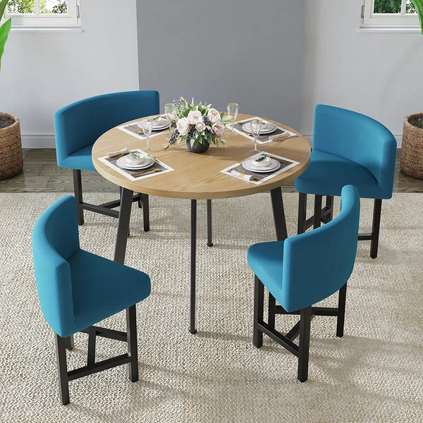40 Inches Round Wooden 4 Person Dining Table with Blue Upholstered Chairs Set for Nook Balcony