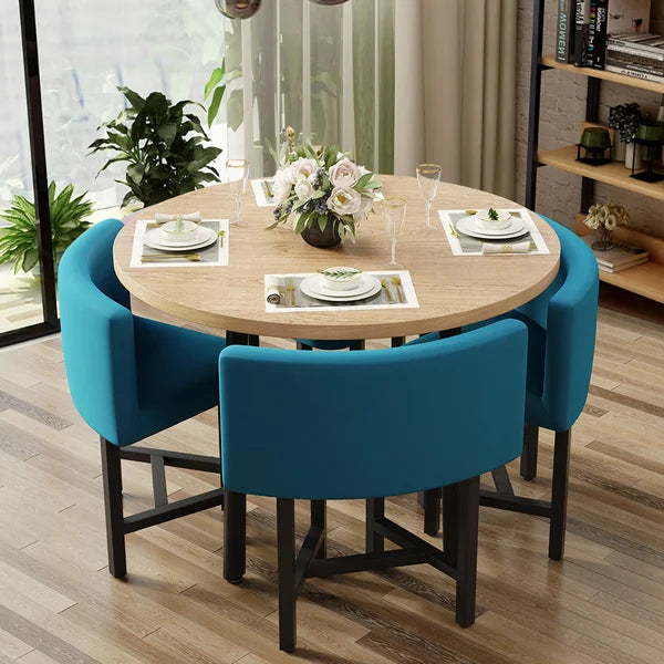 40 Inches Round Wooden 4 Person Dining Table with Blue Upholstered Chairs Set for Nook Balcony