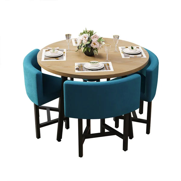 40 Inches Round Wooden 4 Person Dining Table with Blue Upholstered Chairs Set for Nook Balcony