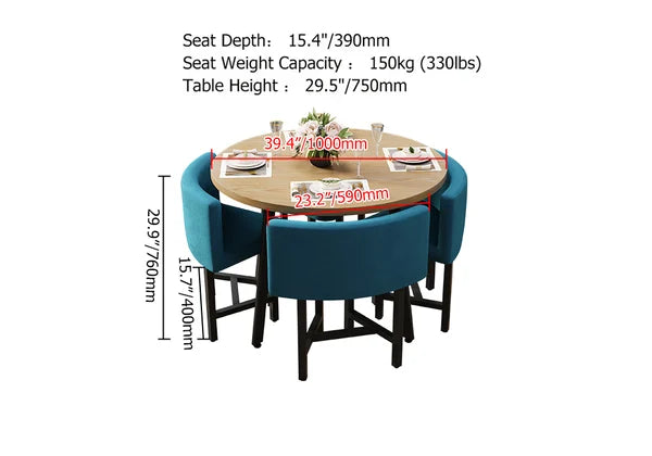 40 Inches Round Wooden 4 Person Dining Table with Blue Upholstered Chairs Set for Nook Balcony