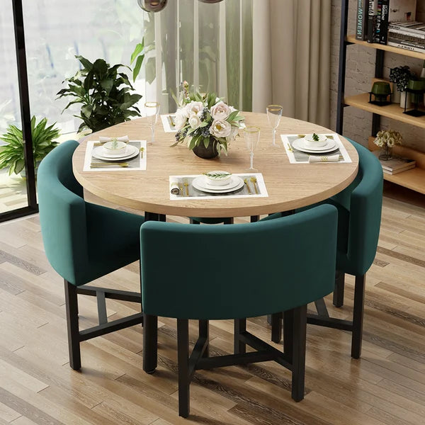 40 inch Round Wooden Nesting Dining Table Set for 4 Green Upholstered Chairs