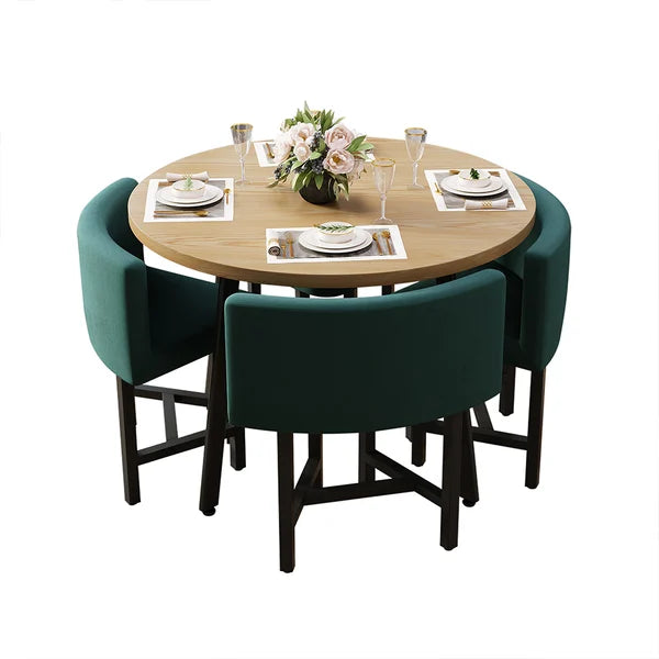 40 inch Round Wooden Nesting Dining Table Set for 4 Green Upholstered Chairs