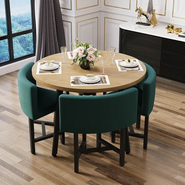 40 inch Round Wooden Nesting Dining Table Set for 4 Green Upholstered Chairs