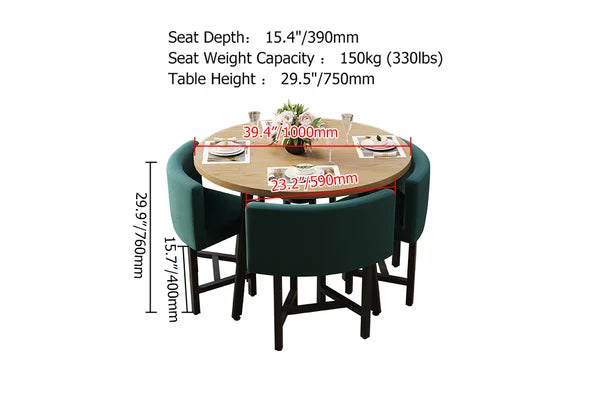 40 inch Round Wooden Nesting Dining Table Set for 4 Green Upholstered Chairs