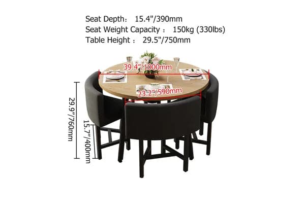 40 Inch Round Wooden Small Nesting Dining Table Set for 4 Gray Upholstered Chairs